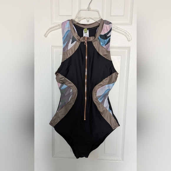 NWOT Next Womens (Medium) Front Zip Black & Metallic Racerback Bathing/Swim Suit - Picture 1 of 16